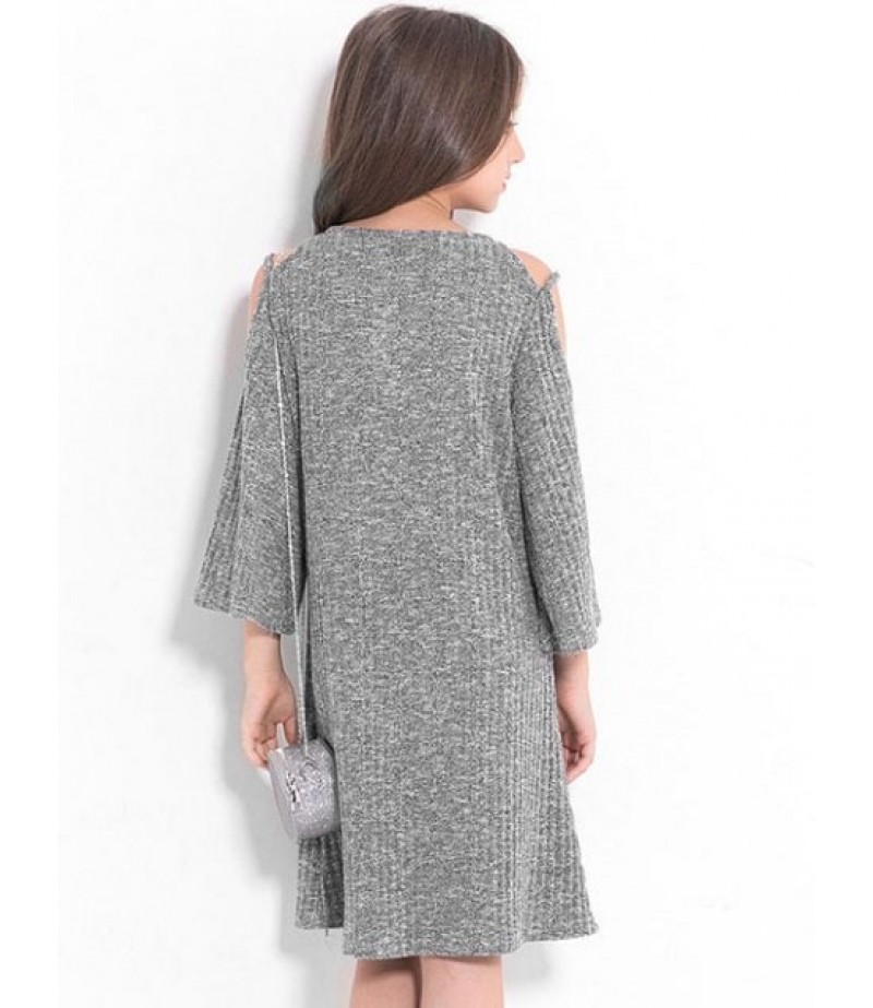 Girls Open Shoulder Flare Sleeve Rib Knit Dress