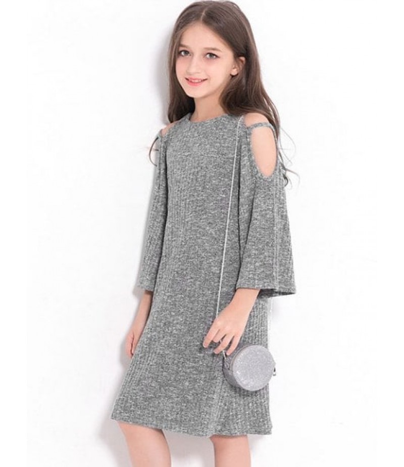 Girls Open Shoulder Flare Sleeve Rib Knit Dress