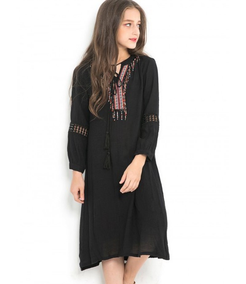 Girls Ethnic Tie Collar Hollow Out Trim A Line Dress