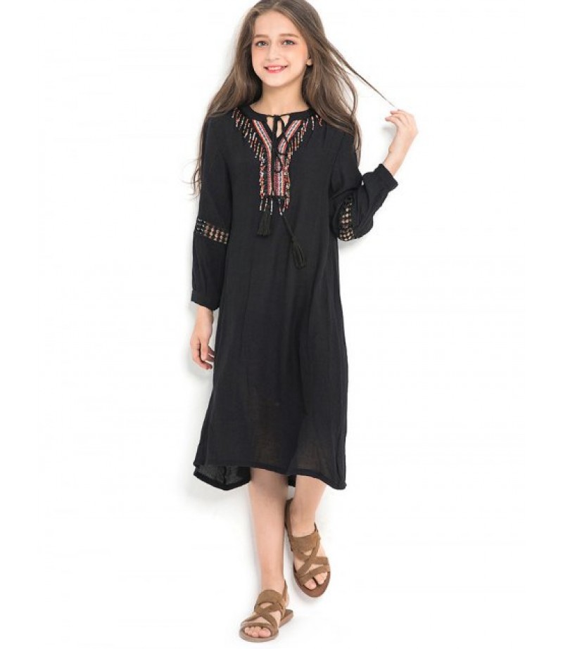 Girls Ethnic Tie Collar Hollow Out Trim A Line Dress