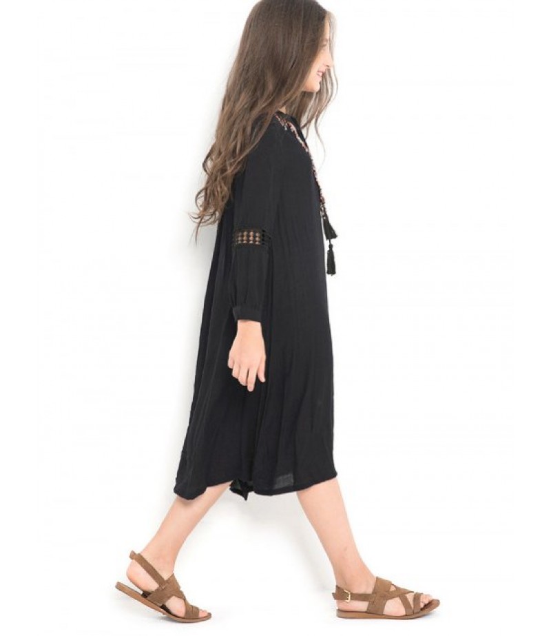 Girls Ethnic Tie Collar Hollow Out Trim A Line Dress