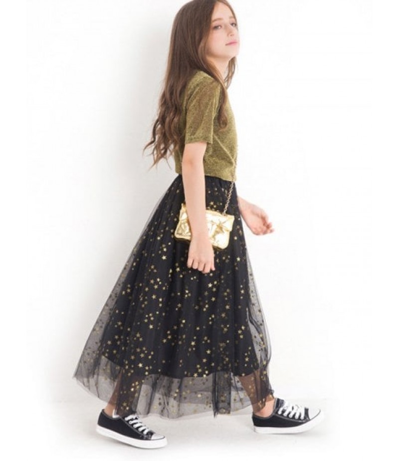 Shiny T-Shirt and Star Pattern Tulle Skirt Set