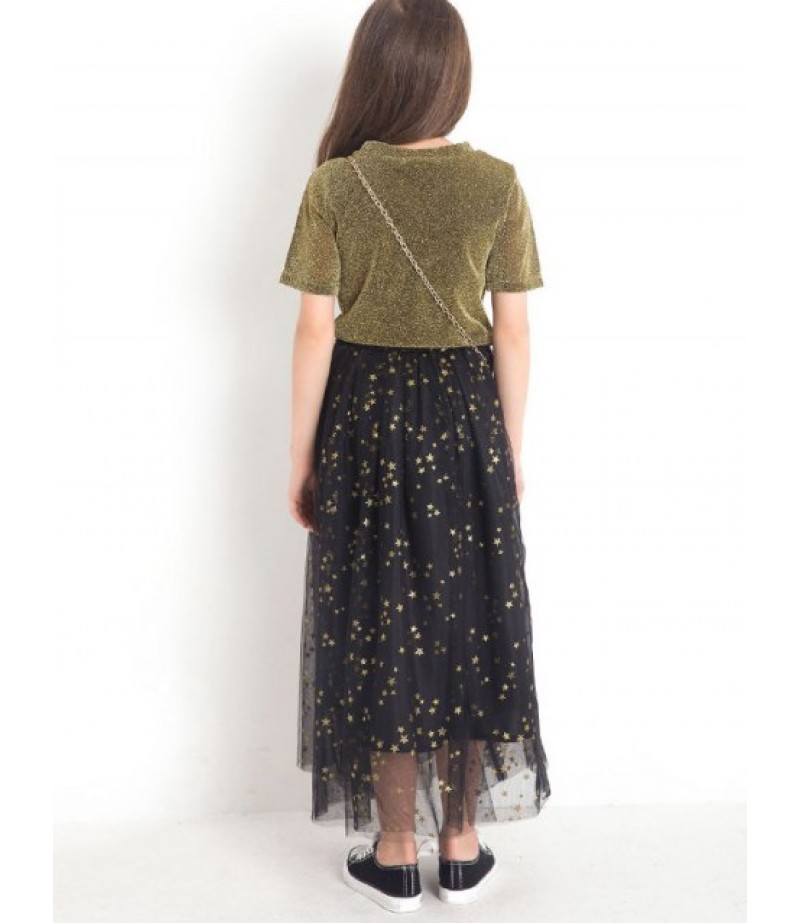 Shiny T-Shirt and Star Pattern Tulle Skirt Set