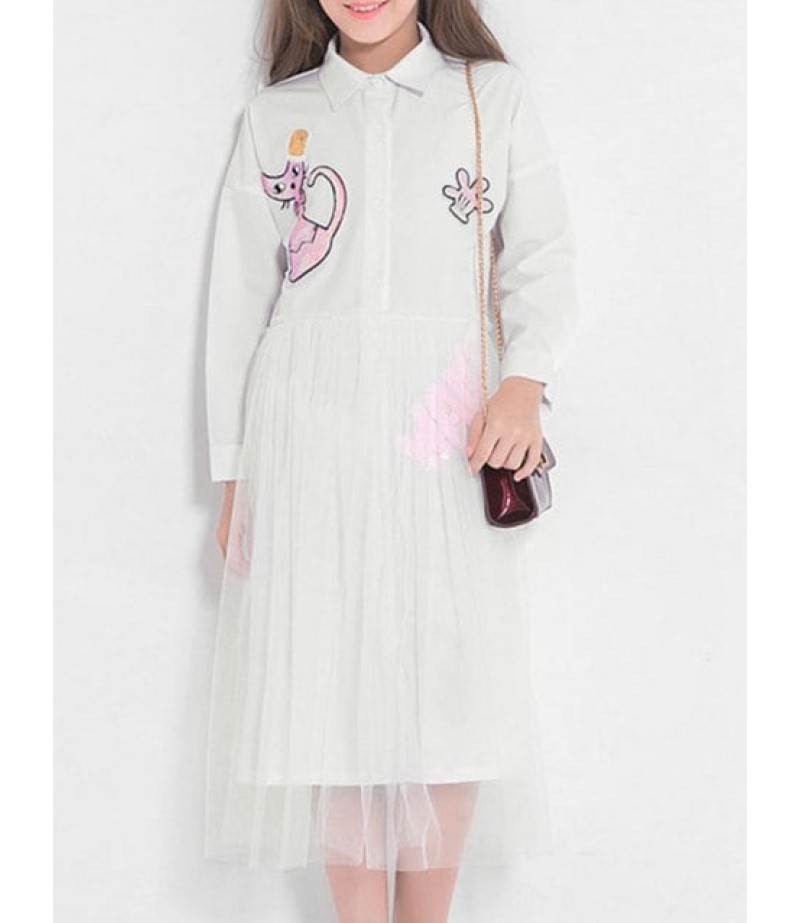 Sequins Cat Pattern Long Sleeves Shirt Tulle Dress