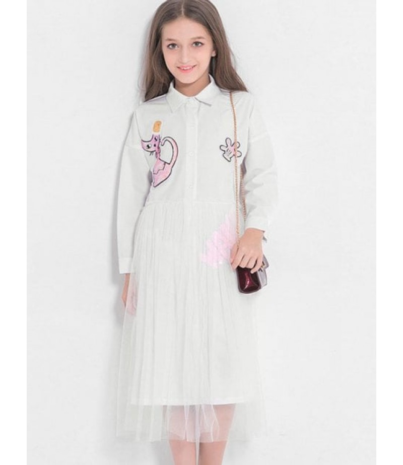 Sequins Cat Pattern Long Sleeves Shirt Tulle Dress