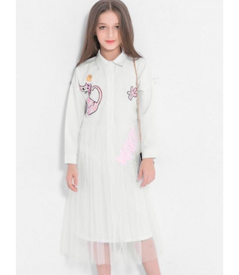 Sequins Cat Pattern Long Sleeves Shirt Tulle Dress