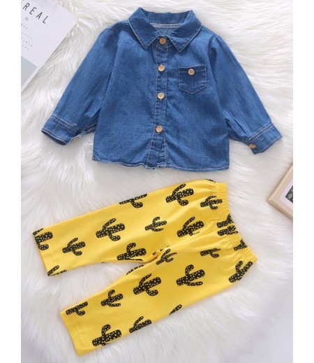 Denim Shirt and Cactus Printed Elastic Pants Set