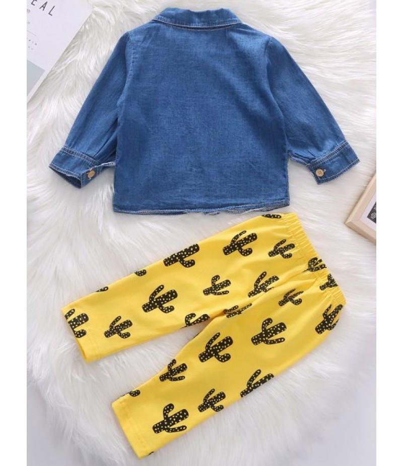 Denim Shirt and Cactus Printed Elastic Pants Set