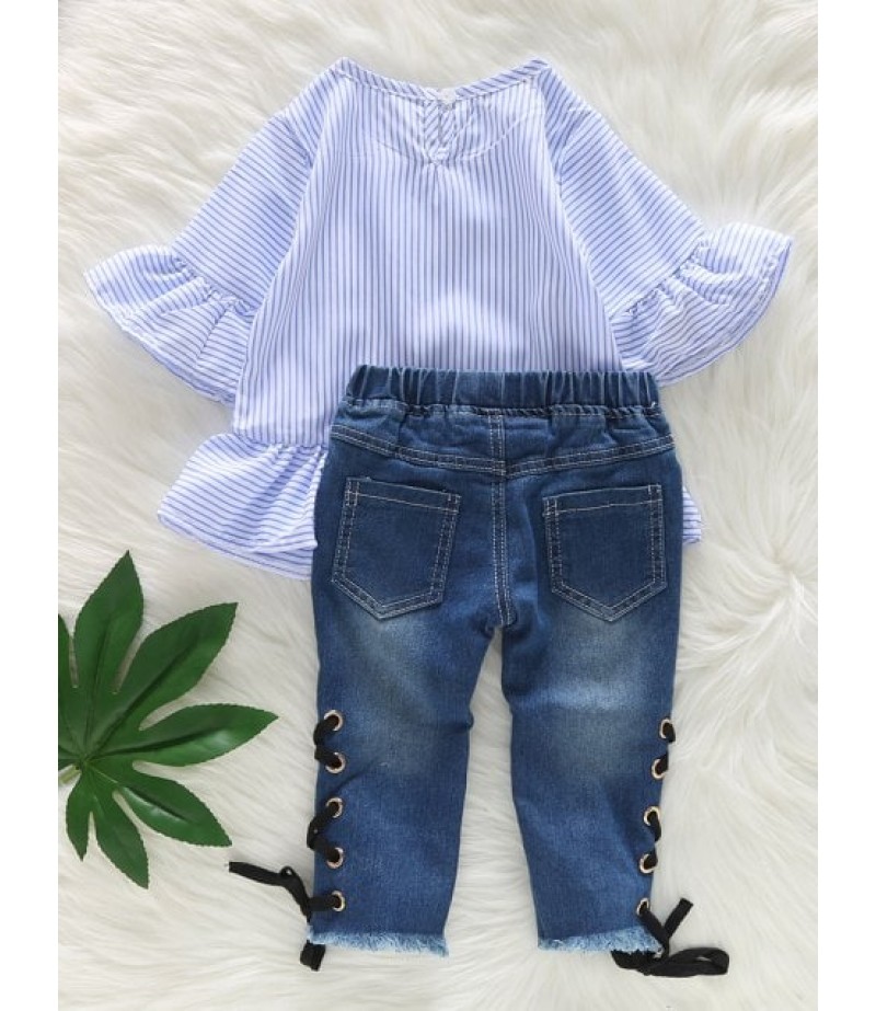 Ruffle Sleeve Striped Top and Ripped Jeans Set