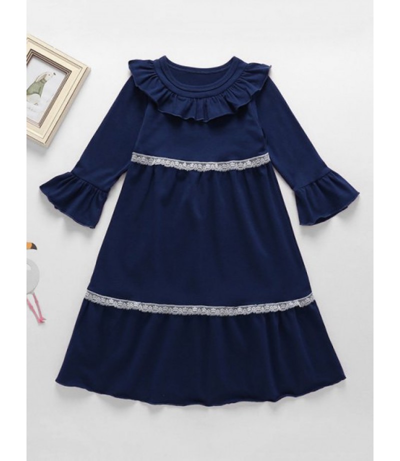 Girls Ruffled Trim Lace Panel Long Sleeve Dress