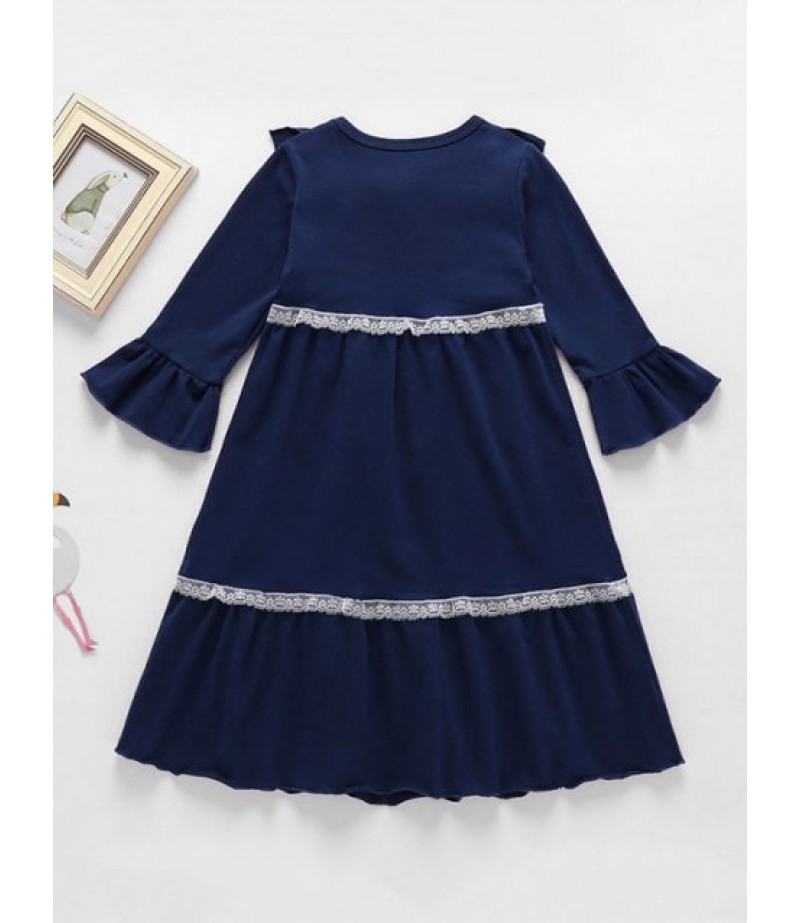 Girls Ruffled Trim Lace Panel Long Sleeve Dress