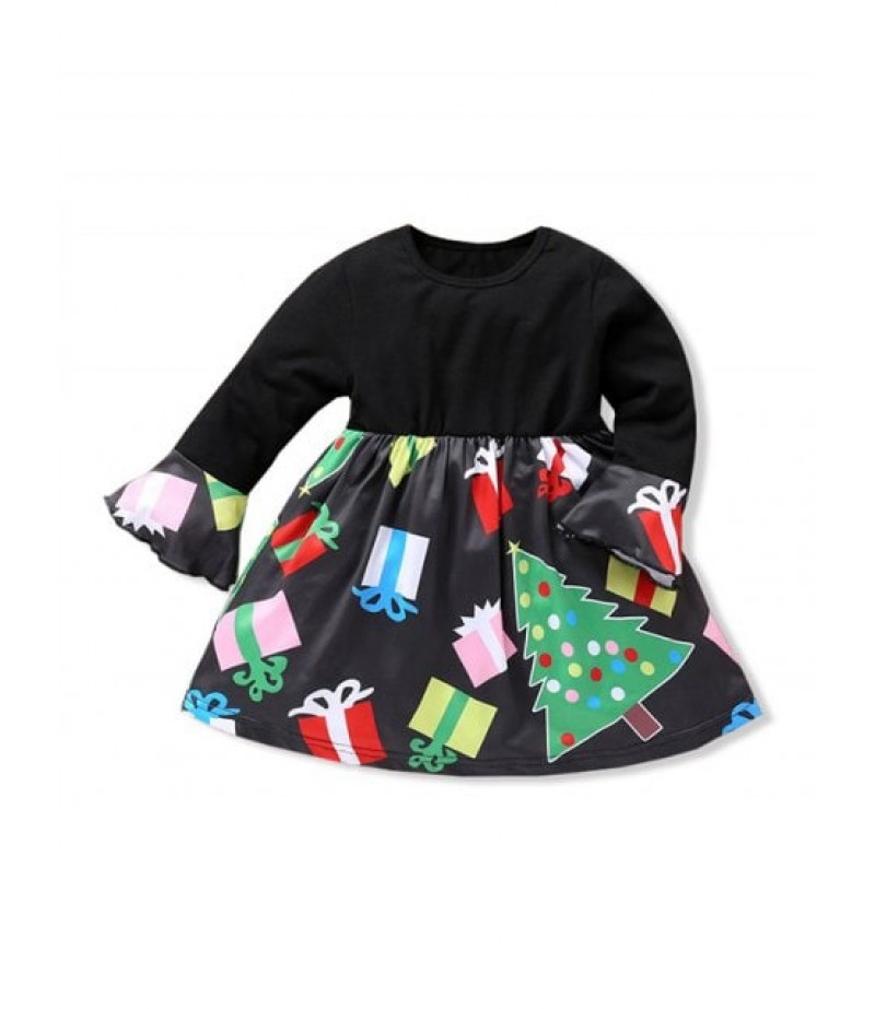 Girls Christmas Gift Print Ruffled Sleeve High Waist Dress