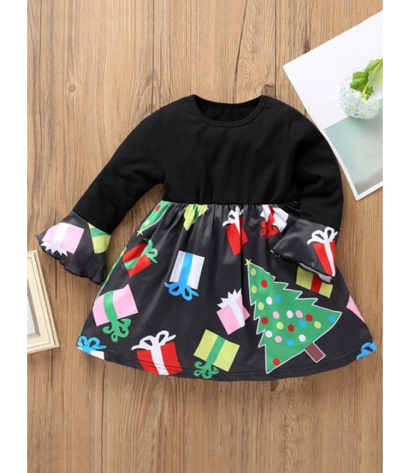 Girls Christmas Gift Print Ruffled Sleeve High Waist Dress