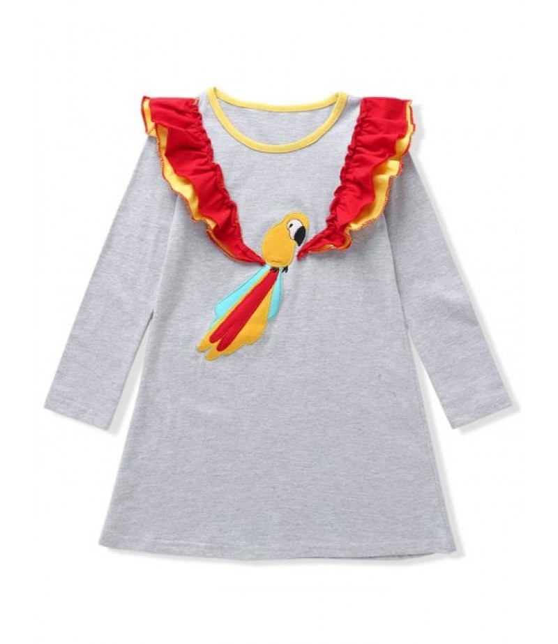 Girls Parrot Graphic Ruffled Trim A Line Dress