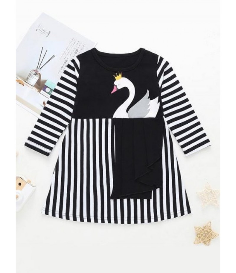 Girls Swan Graphic Striped Long Sleeve Dress