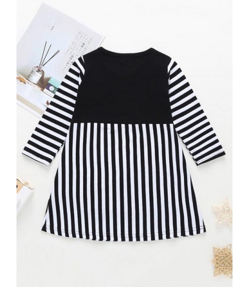 Girls Swan Graphic Striped Long Sleeve Dress