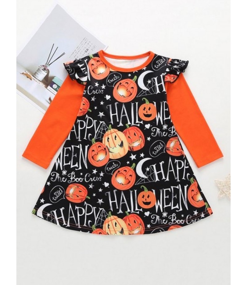 Girls Halloween Pumpkin Print A Line Dress