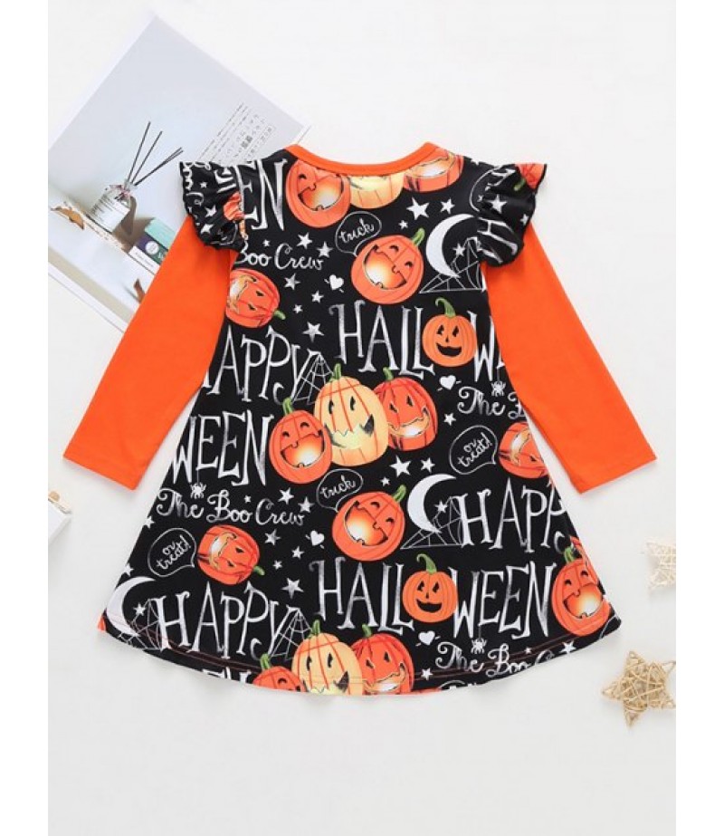 Girls Halloween Pumpkin Print A Line Dress