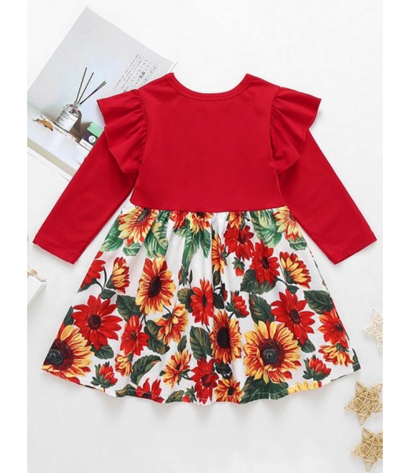 Girls Sunflower Print Vintage Long Sleeve Dress