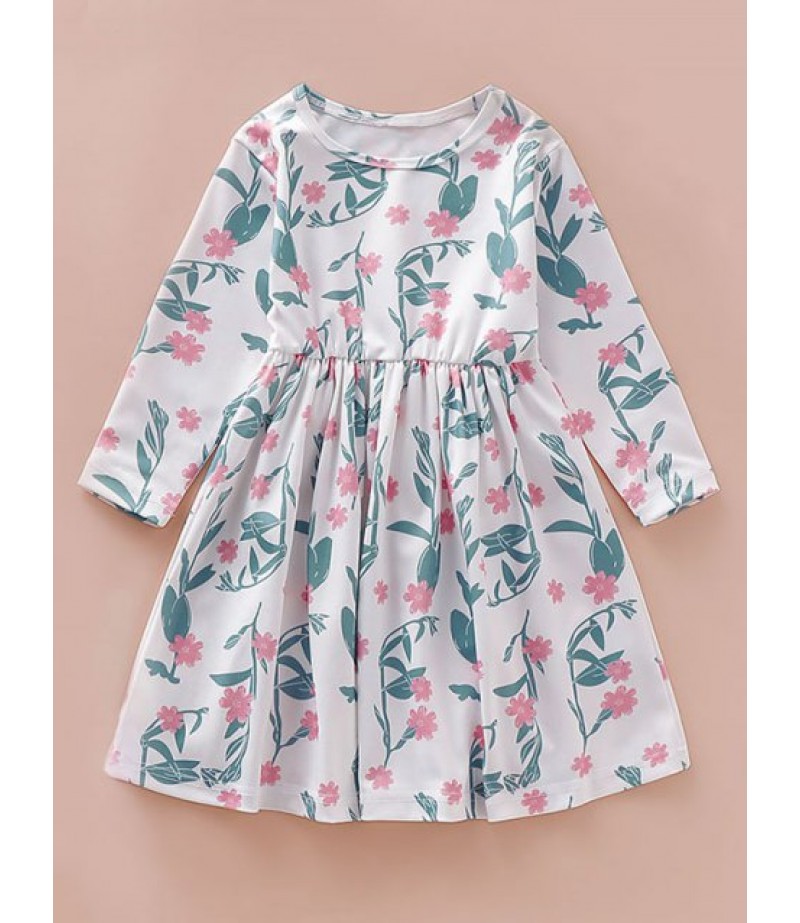 Girls Floral Print Long Sleeve A Line Dress