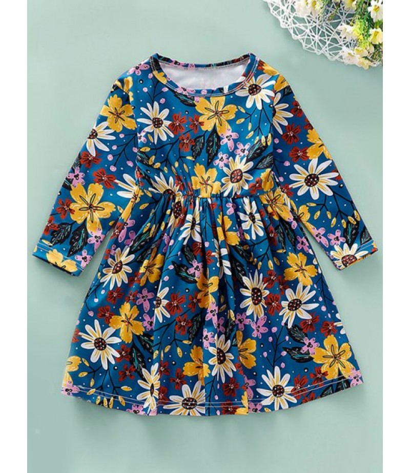 Girls Sunflower Print High Waist A Line Dress