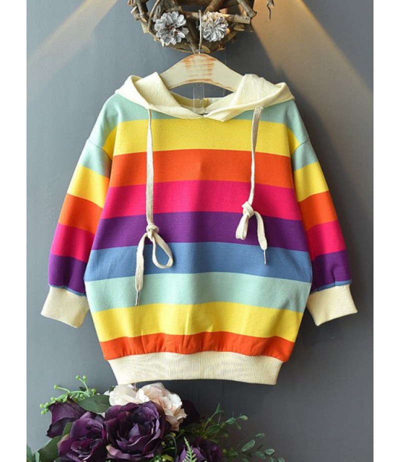 Girls Colorful Striped Drop Shoulder Hoodie