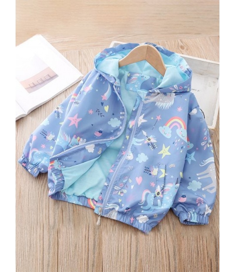 Girls Unicorn Star Print Pockets Front Zip Jacket