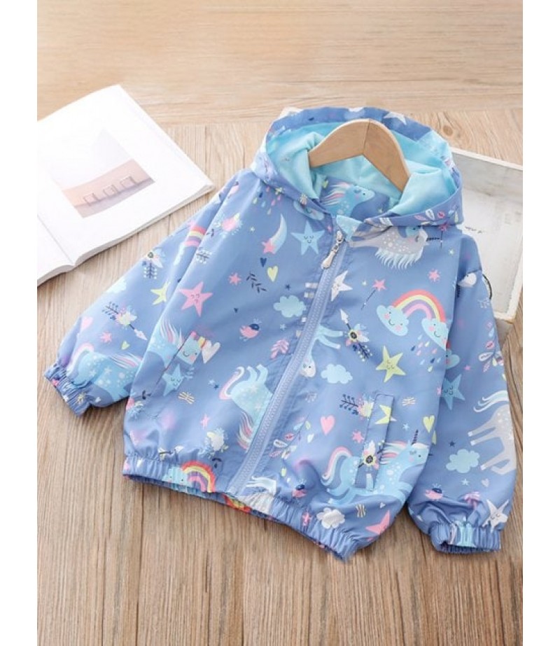 Girls Unicorn Star Print Pockets Front Zip Jacket