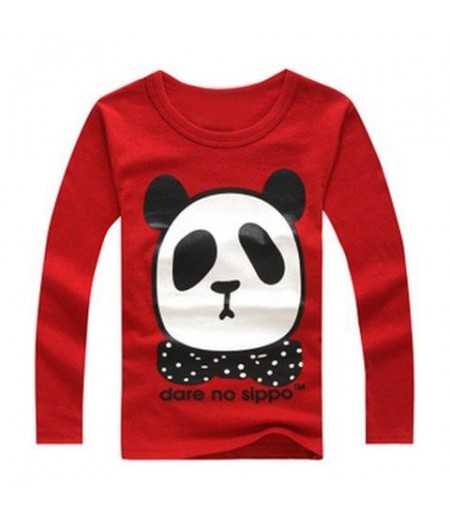 Fashion Round Neck Cartoon Panda Print Long Sleeves Cotton Blend Kid's T-Shirt